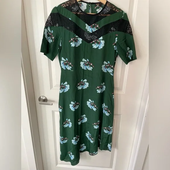 Maje | asymmetrical | black lace neckline | floral | silk |midi dress. - Picture 3 of 9